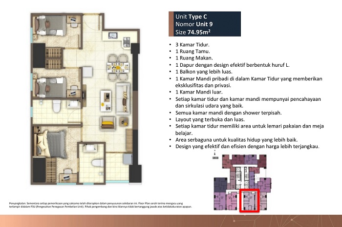tower D 3 kamar tidur luas 74,95m2