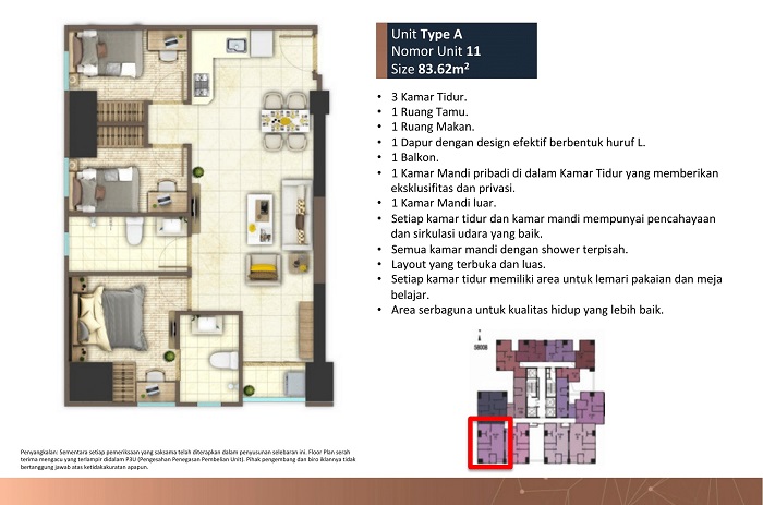 tower B 3 kamar tidur unit A terbaik luas 83,62 M2