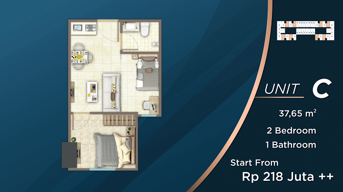 tipe 1 bedroom luas 35 tower t