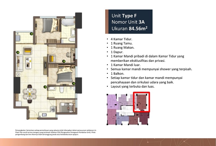 lay out tower a unit f 4 kamar tidur