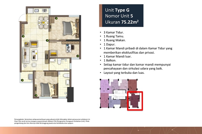 lay out design tower A unit g 3 kamar tidur