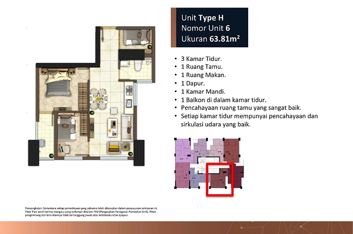 lay out kamar apartemen tower A unit H 3 BR