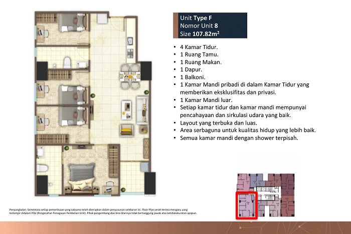 tipe 4 kamar tidur meikarta tower C unit F