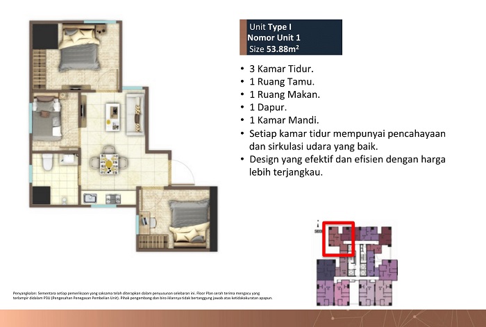 tipe 3 kamar tidur tower D - I