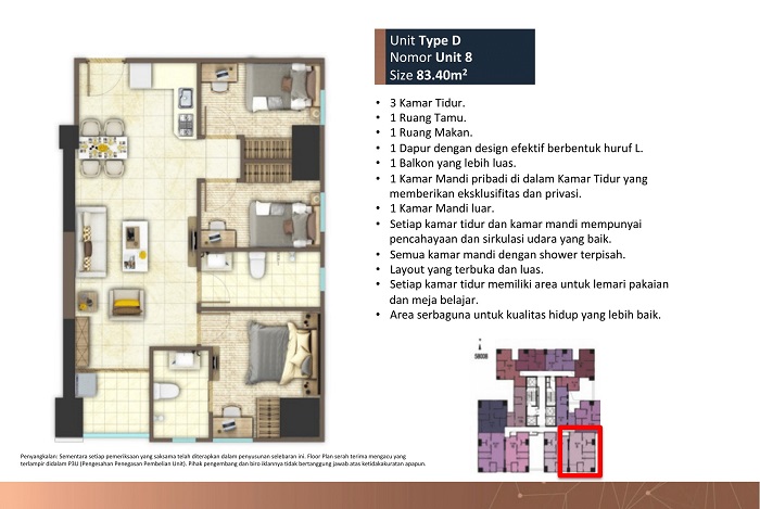 unit tower d 3 bedroom luas 83,40 M2