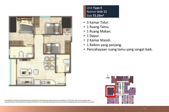 tipe tower D 3 kamar tidur luas 72,29 meter2