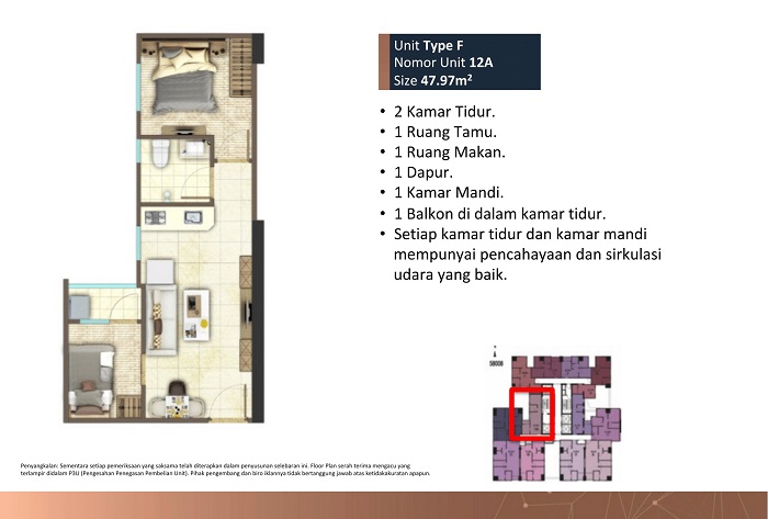 meikarta 2 kamar tidur luas 47,97 meter2