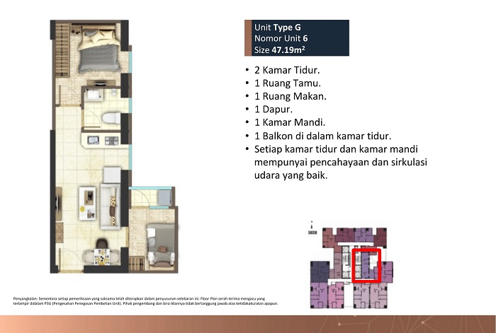 tipe 2 kamar tidur luas 47,19 meter 2 tower D